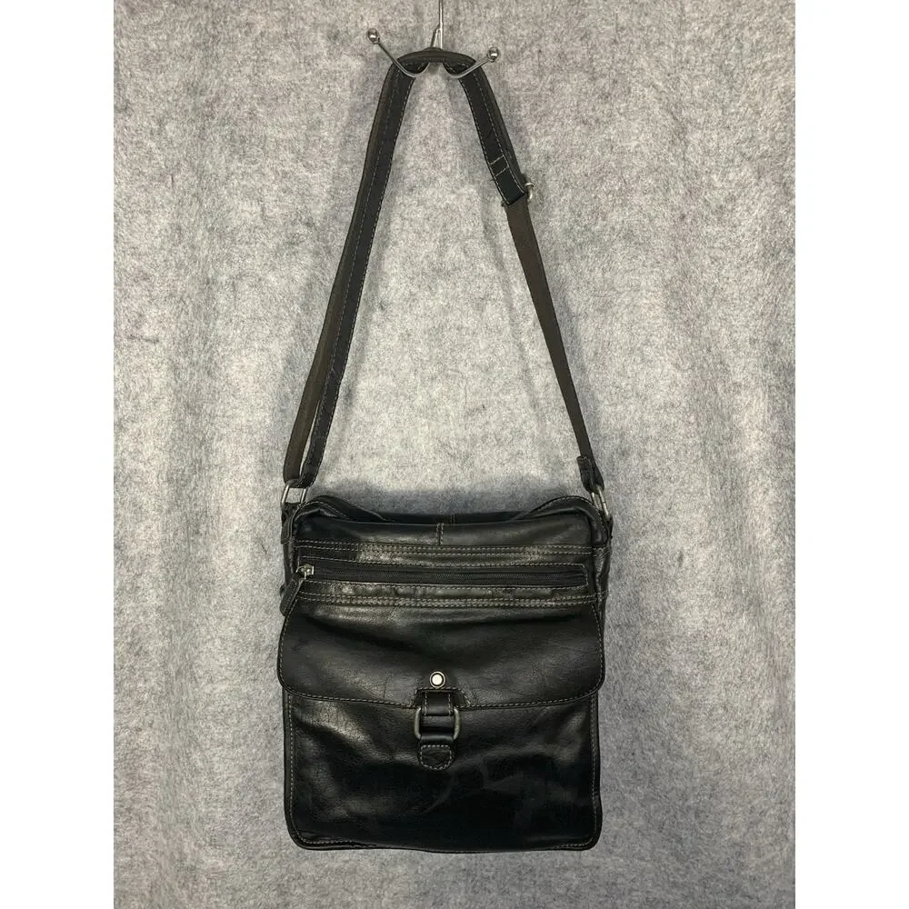 Jack Georges Voyager Crossbody Bag Black Leather Flap Zip Pockets Mens 7205